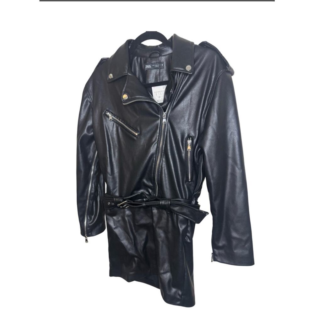 Zara Faux Leather Moto Dress NWT Size S Black Mini Biker Zip Belted - Picture 6 of 11